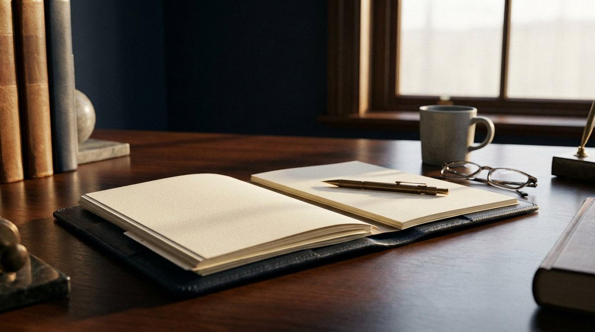 Carpeta de expedientes y anotaciones sobre el escritorio del estudio