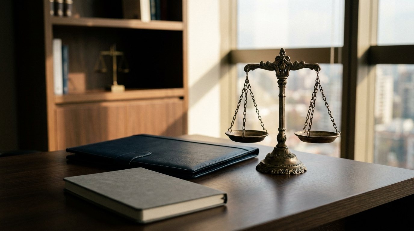 Escritorio de un estudio jurídico con una balanza de la justicia